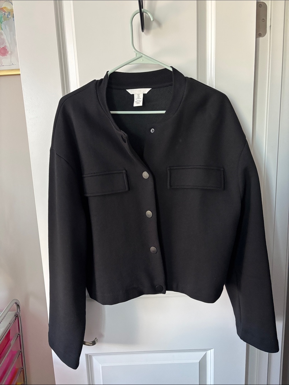 H&M Black Bomber-Style Snap-Front Jacket